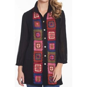 John Mark Black Crochet Granny Square Embellished Tunic‎ Shirt Size M